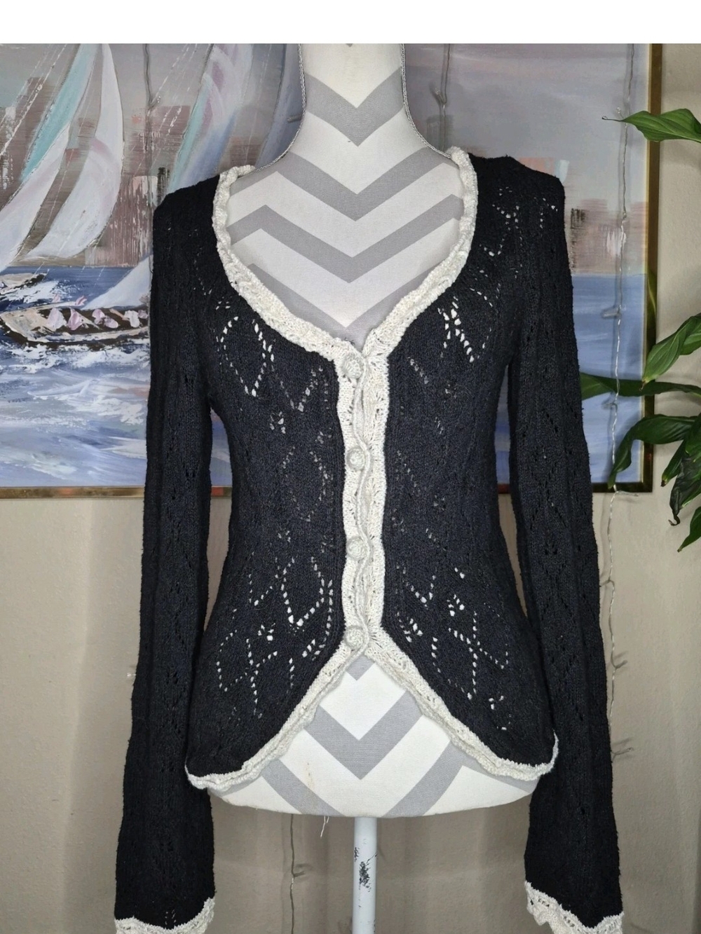 Free People Black Cardigan Sweater with Cream Trim